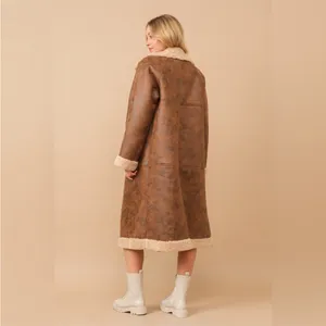 Faux leather teddy shearling long coat in chestnut thumbnail 7