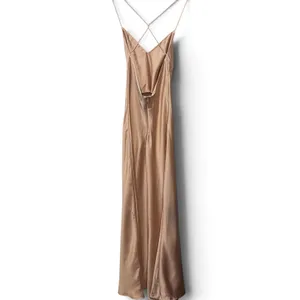 Zara Champagne Satin Maxi Slip Dress Cross Back V-Neck Sleeveless Pink Beige XS thumbnail 5