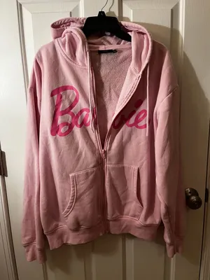 Barbie Pink Full Zip Hoodie Graphic Logo & Doll Face Women's Size XL thumbnail 4