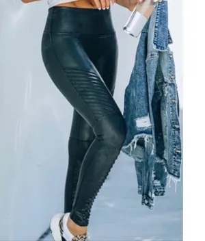 Spanx Faux Leather Moto Leggings Black Shiny Biker Motorcycle Edgy Skinny Pants thumbnail 1