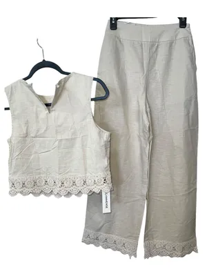 CoMMENSE Cotton Linen Lace Trim Two-Piece Pants Set Size XS NWT thumbnail 5