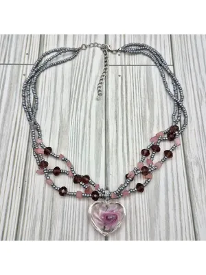 Artisan Silver & Pink Beaded Necklace With Glass Floral Heart Pendant 21" Fairy thumbnail 6