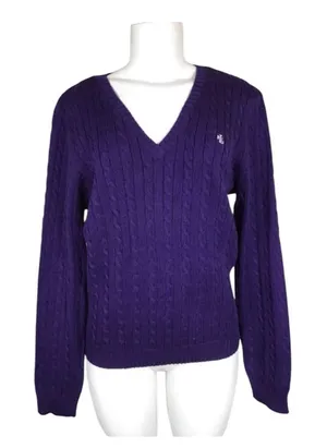 Lauren Ralph Lauren Knit Sweater Purple 100% Cotton V Neck Sz M Heritage Classic thumbnail 1