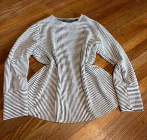 Striped Crewneck Long Sleeve Top in White and Gray thumbnail 1