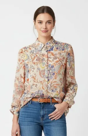 Kut From The Kloth White Floral Print Long Convertible Sleeve Blouse Top L thumbnail 1