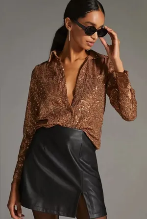 Anthropologie Remie Button Down Copper Sequin Top Women’s Medium thumbnail 1