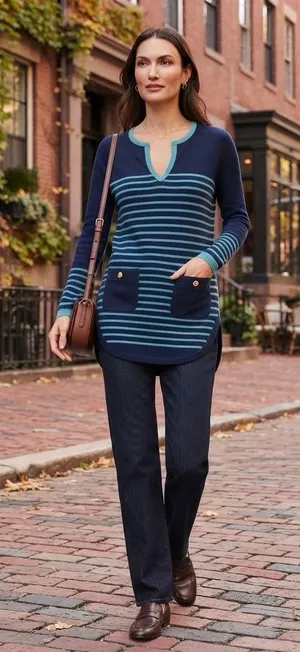 Tory Burch Wool Cashmere Blend Tunic Sweater XS Navy Stripe Pockets 50123142 thumbnail 1
