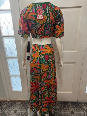 Farm Rio Tropical Cutout Maxi Dress in Green with Pink Orange Floral Print S XL thumbnail 10