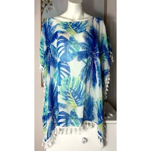SHEIN Blue White Tropical Floral Sheer Tassel Beach Cover Up Size Large thumbnail 5