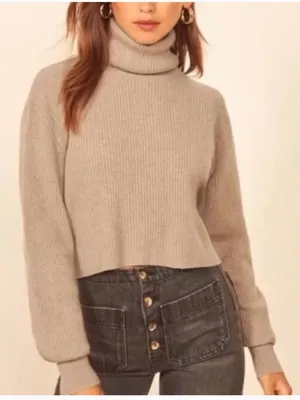 REFORMATION Luisa Cashmere Tan Ribbed Turtleneck Cropped Sweater, Size S thumbnail 1