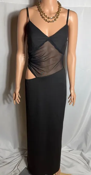 Source Unknown Black Mesh Cutout Maxi Dress Asymmetrical Waist Spaghetti Strap Size M thumbnail 1
