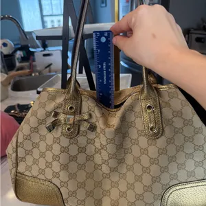 Gucci Beige GG Canvas Shoulder Bag with Gold Metallic Trim thumbnail 13