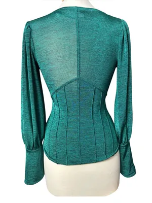 Free People Teal Green Heathered V-Neck Bishop Sleeve Pleated Top (S) thumbnail 3