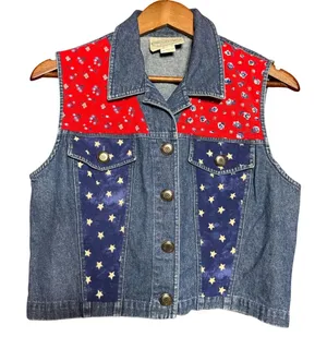 Vintage Stonebridge Petites‎ Women Small Patriotic Blue Denim Vest Americana thumbnail 1