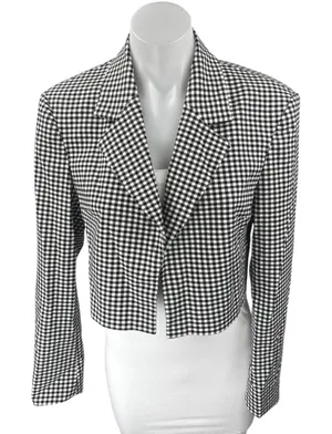 Zara Black White Gingham Check Open Long Sleeve Crop Blazer Suit Jacket Size XS thumbnail 1