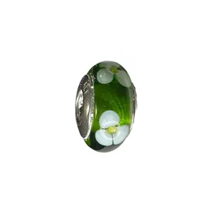 Pandora White Flowers Green Murano Glass Authentic Bead Charm thumbnail 2
