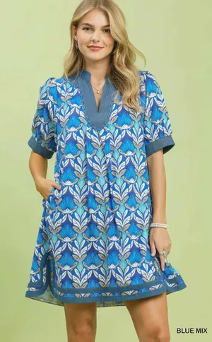 Umgee Mix Tile Print Mini Dress - Blue Mix - Medium thumbnail 1