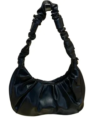 Petite Simone Black Pleated Faux Leather Vegan Tote Hobo Crescent Handbag OS thumbnail 1