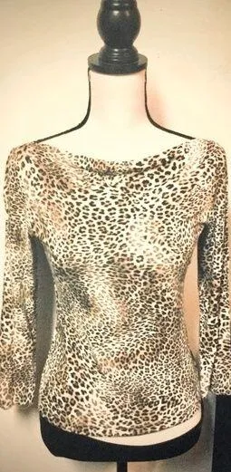 Cheetah Print Fitted Top Blouse: Stretch, 3/4 Sleeves, High Boat Neck, Sz. S thumbnail 1