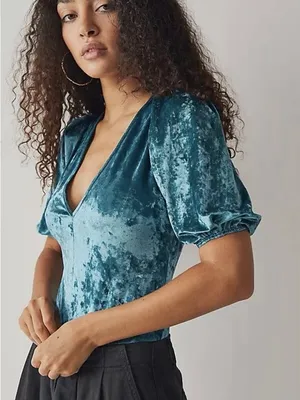 Free People Don’t You Wish Teal Crushed Velvet Puff Sleeve Bodysuit Large thumbnail 2