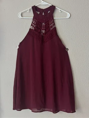 Women's Crochet Yoke Halter Dress - Burgundy thumbnail 5