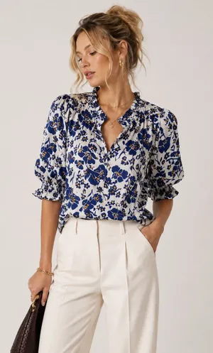 Cabellero Blue White Floral Silk Blend Blouse Womens L Puff Sleeve Boho Shirt thumbnail 1