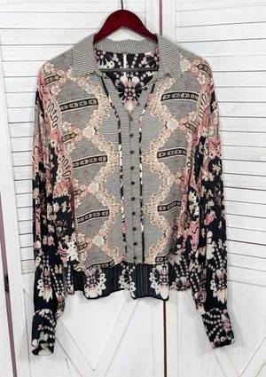 Free People Virgo Baby Floral Boho Oversized Button Up Shirt Black‎ Multi Medium thumbnail 1