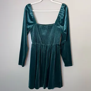Gap Smocked Velvet Long Sleeve Square Neck Mini Party Dress Pine Green thumbnail 6