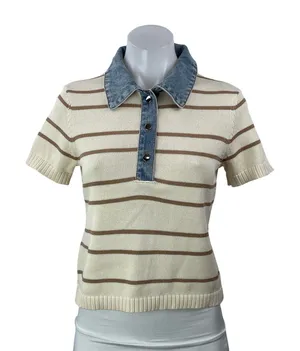 Olivaceous Gypsy and Gold Cream Striped Short Sleeve Collared Polo Shirt Top M thumbnail 1