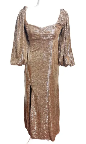 Show Me Your Mumu Sydney Midi Dress Gold, Silver Metallic Balloon, Puff Sleeve S thumbnail 1