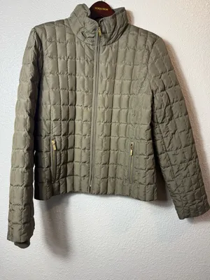 J.Crew Quilted Down Puffer Jacket Olive Green Stand Collar Zip Coat L Style 9732 thumbnail 1