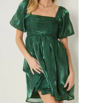 Entro Green Organza Party Bubble Sleeve Mini Dress, L thumbnail 1