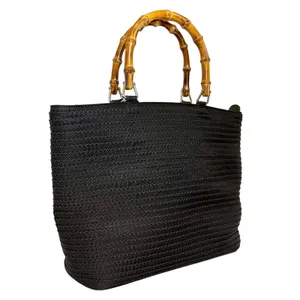 Gucci Vintage Bamboo Top-Handle Black Tiered Nylon Leather Trim Shopper Tote Bag thumbnail 9