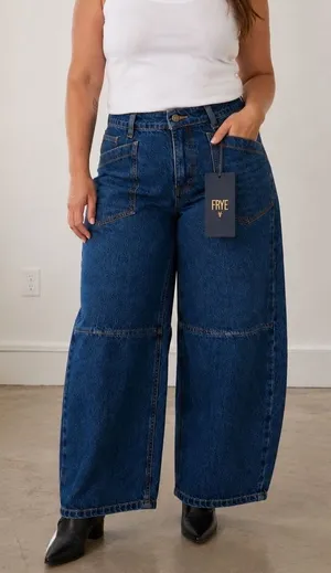 Frye Barrel Jean Medium Wash Floral Laser Etched Wide Leg Denim Pants 12 NEW thumbnail 1