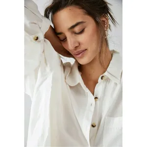 Free People Bohemian Preppy Oversized Happy Hour Solid Poplin Top White Medium thumbnail 6