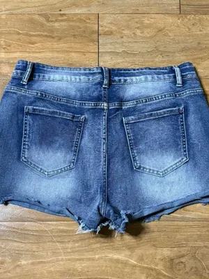 Frayed Hem Dark Blue Denim Shorts with Cross Patch Accents thumbnail 2