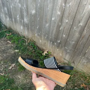 𝅺ITALIAN‎ Shoemakers Shoes Wedge black white spring summer Strappy stripe thumbnail 8