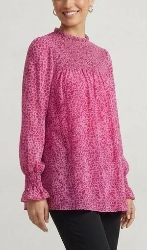 Womens Pink Leopard Smocked Neck Blouse thumbnail 1