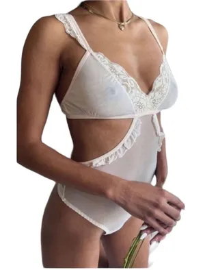 FREE PEOPLE x HAH Mesh Bodysuit Sz M Sheer Cut Out Feminine Party Coquette NWT thumbnail 1