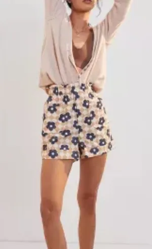 Maeve Beige Blue Floral High Waist Paper Bag Shorts 100% Cotton S thumbnail 1