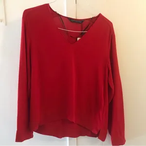 Zara Red V-Neck Long Sleeve Blouse Top XS thumbnail 2