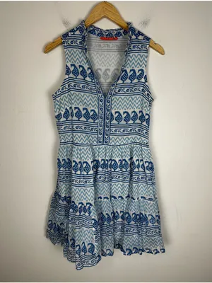Oliphant Blue White Block Print Tiered Cotton Mini Dress Sleeveless Ruffle Small thumbnail 2