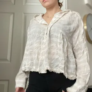 Free People Striped Hooded Flowy Button Down Shirt Sz Medium Raw Hem Neutral‎ thumbnail 4