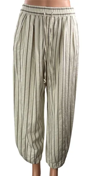 Zara Womens Cream Black Striped Elastic Waist Drawstring Wide Leg Trouser Pant S thumbnail 1
