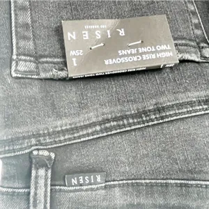 RISEN High Rise Crossover Released Frayed Hem Two Tone Black Wash Denim Jeans 25 thumbnail 6