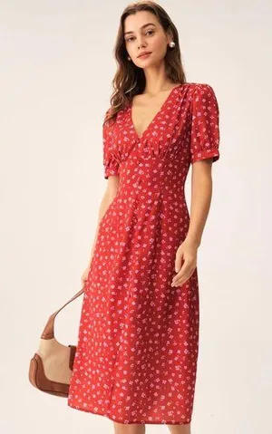 Rihoas Red Floral Ruched Midi Dress thumbnail 1