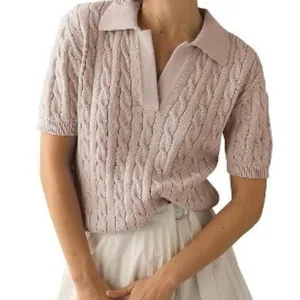 Dusty Rose Cable Knit Polo - Coquette Aesthetic - L thumbnail 1
