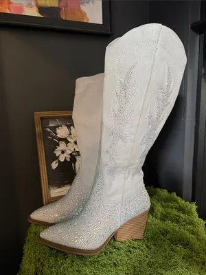 Women's Crystal Embellished White Cowboy Boots thumbnail 1