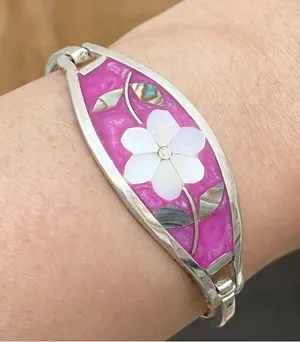 Vintage Alpaca Mexico Mexican Silver Mother of Pearl Inlaid ID Cuff Bracelet thumbnail 3