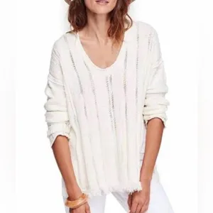Free People Ocean Drive Ivory Distressed Pullover Sweater S thumbnail 3